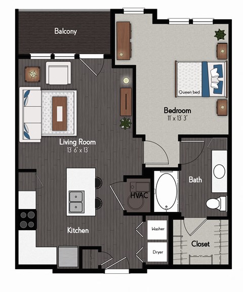 Floor plan for 1 bed, 1 bath, 744 sqft